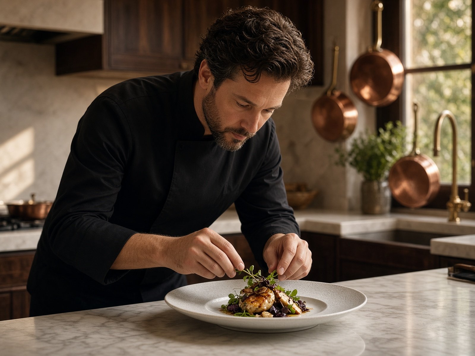 Private chef plating in a luxury residential kitchen