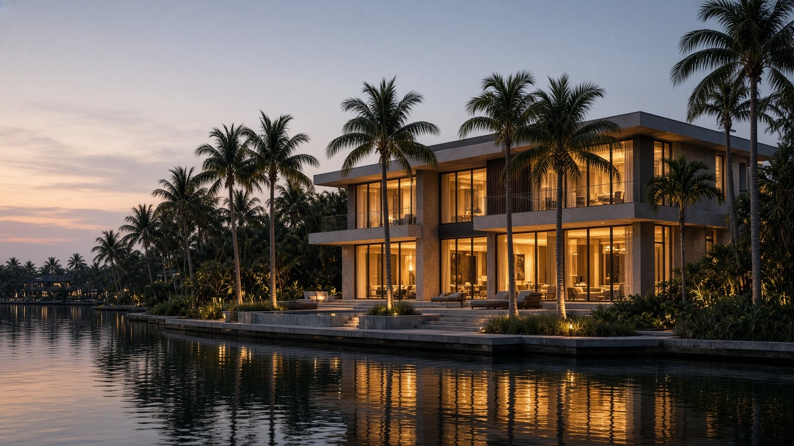 Private waterfront villa at dusk