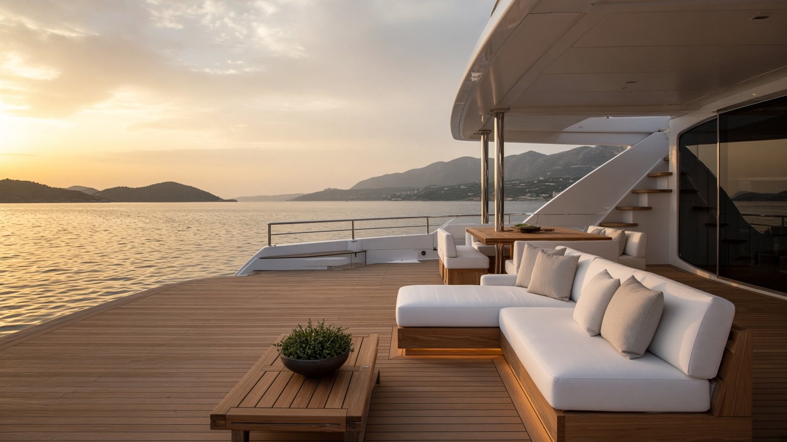 Private yacht aft deck at golden hour