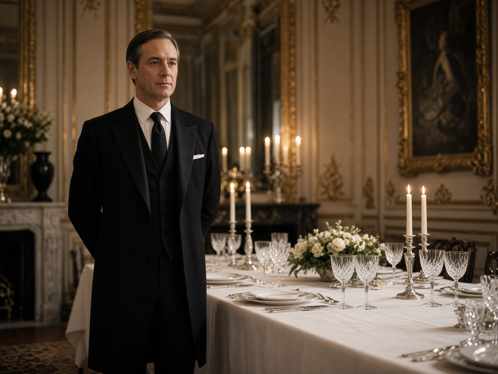 Private butler in formal service beside a dining table