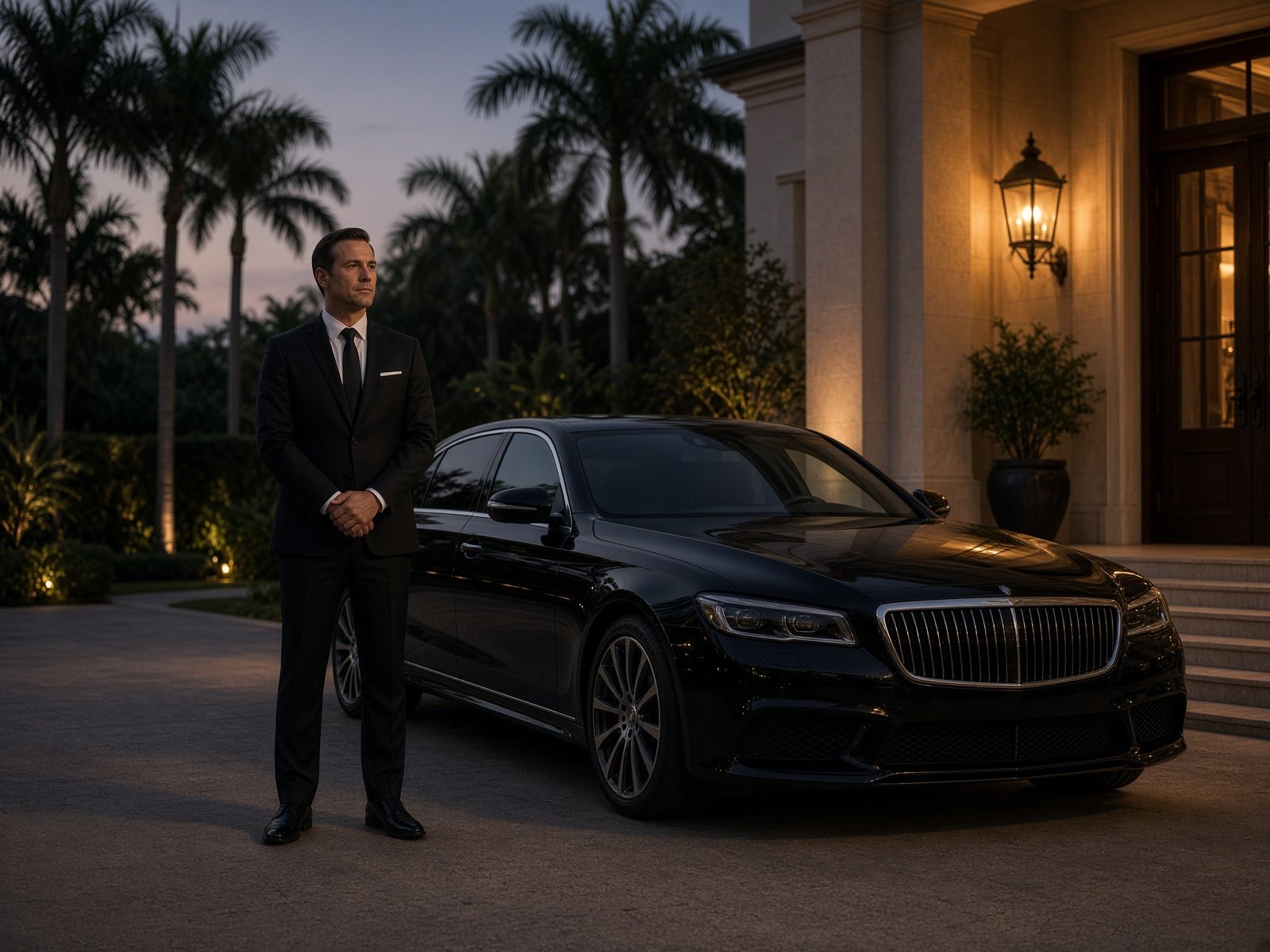 Private chauffeur beside a luxury sedan at a villa entrance