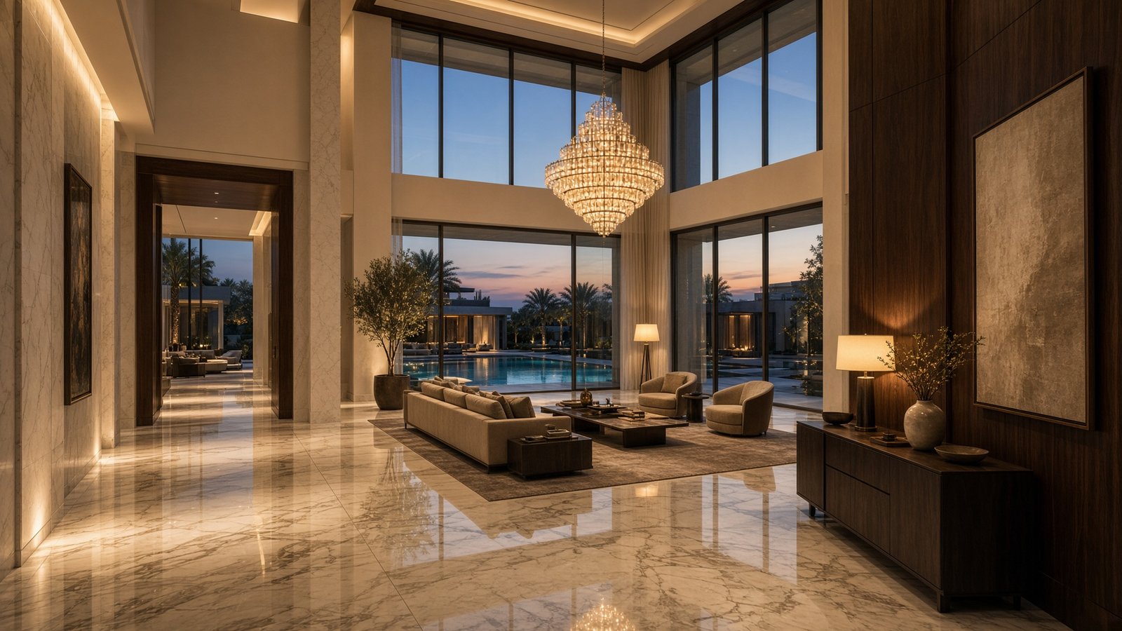 Grand private villa interior with warm evening light